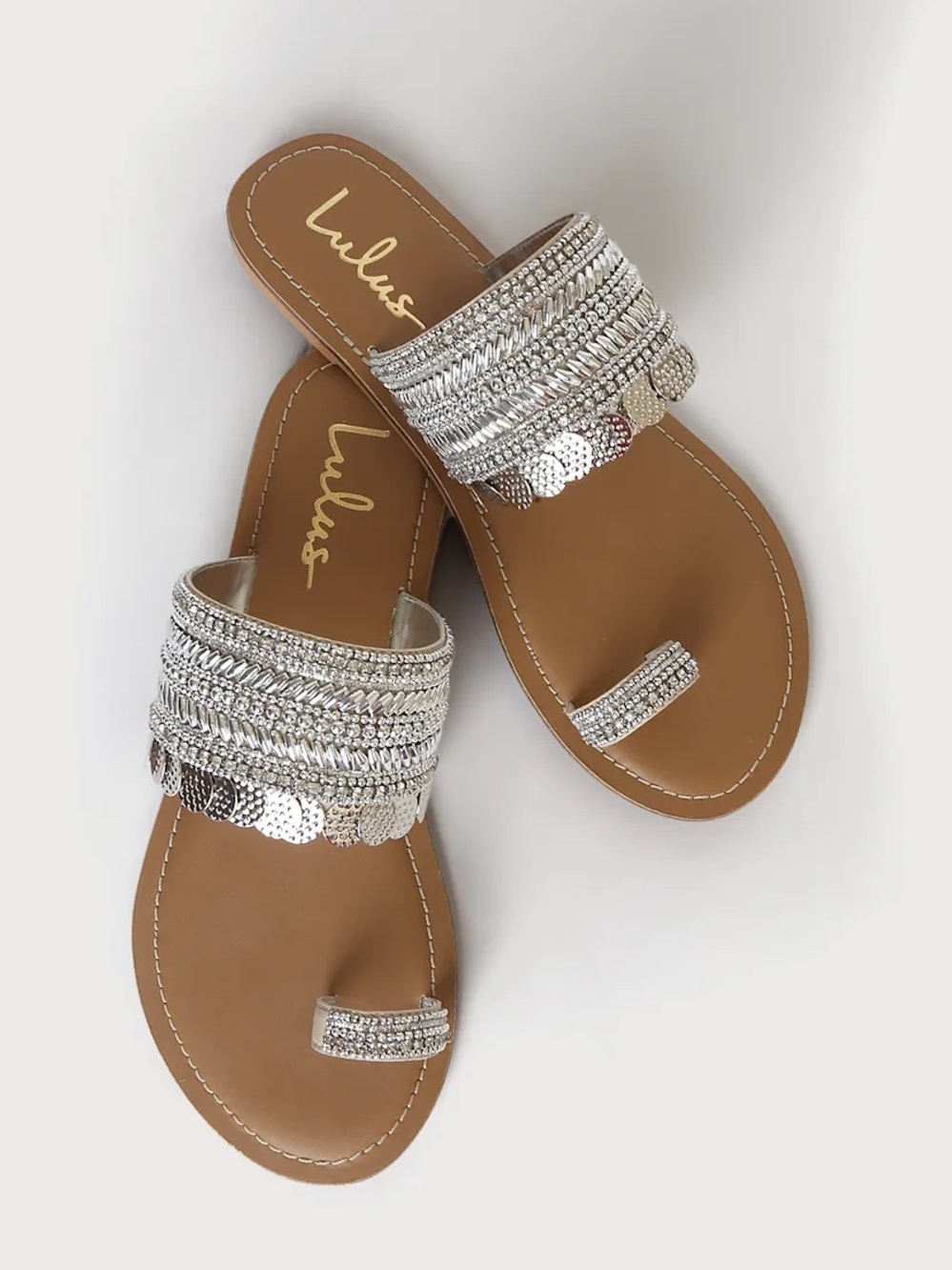 Lulu's Silver Sequin & Braided Toe-Ring Slide Sandals